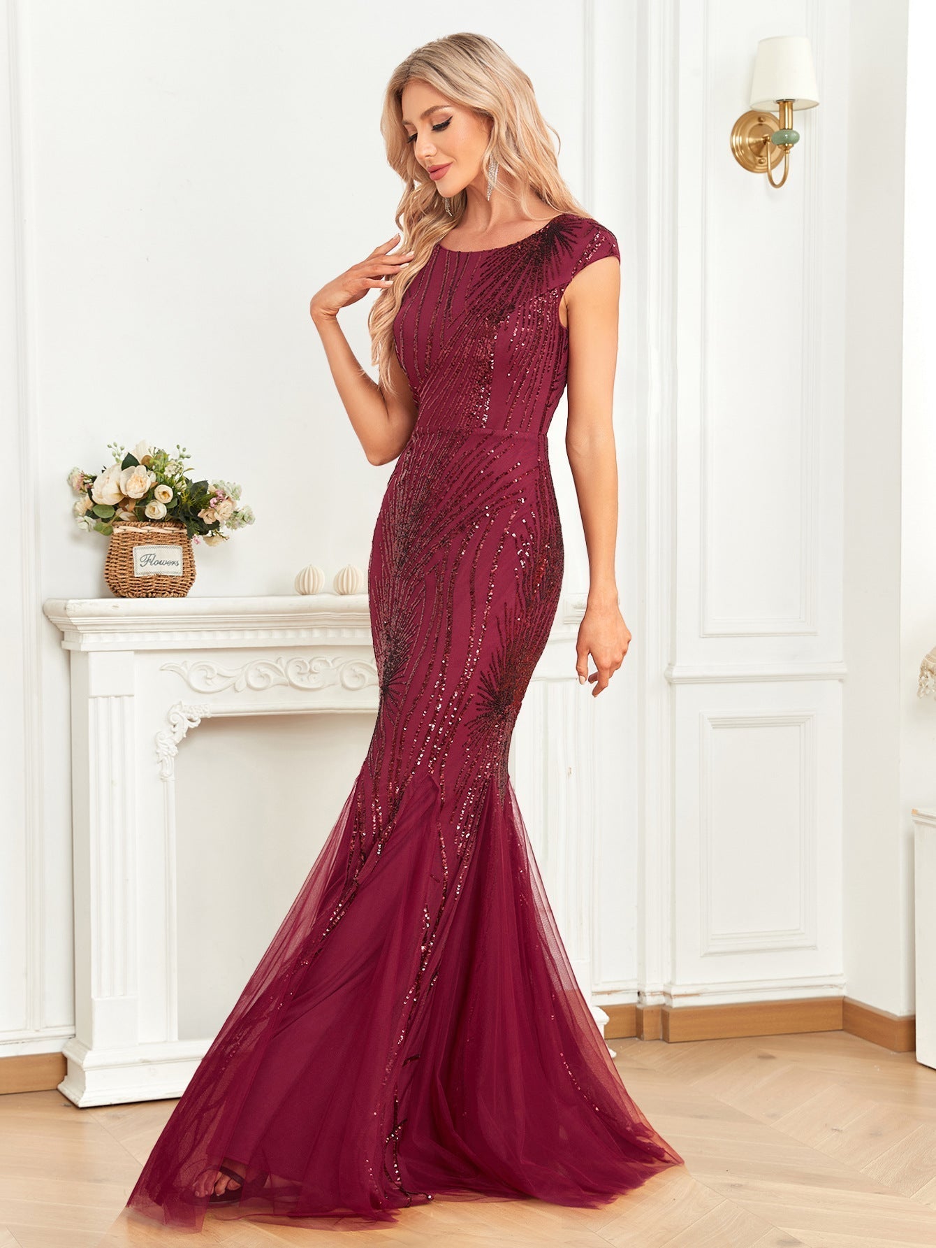 Wine Red Dress Maxi Dress Fishtail Sequin Slim Fishtail Bridesmaid Cocktail Evening Dress - Fashionpara