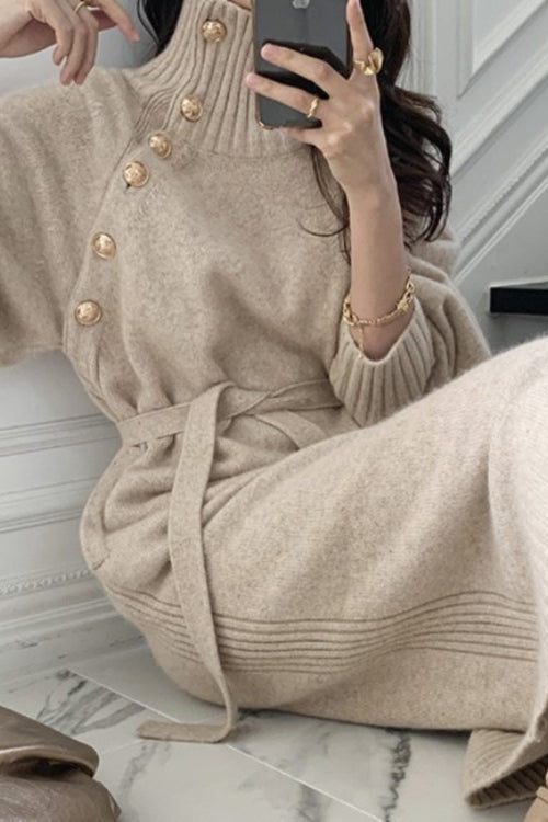 Tie Waist Knit Turtleneck Long Sweater Dress