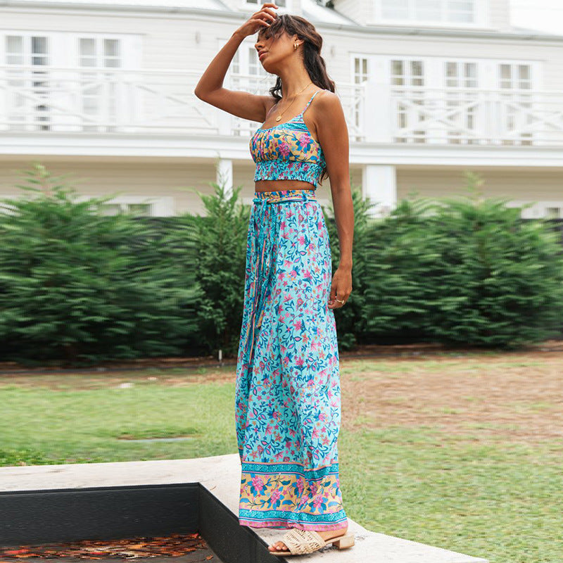 KittenAlarm - Aqua Floral Crop Top and Pants Matching Sets