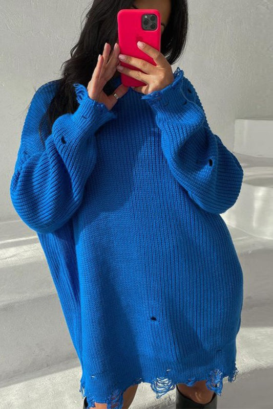 Distressed Hem Turtleneck Oversized Knit Sweater 6