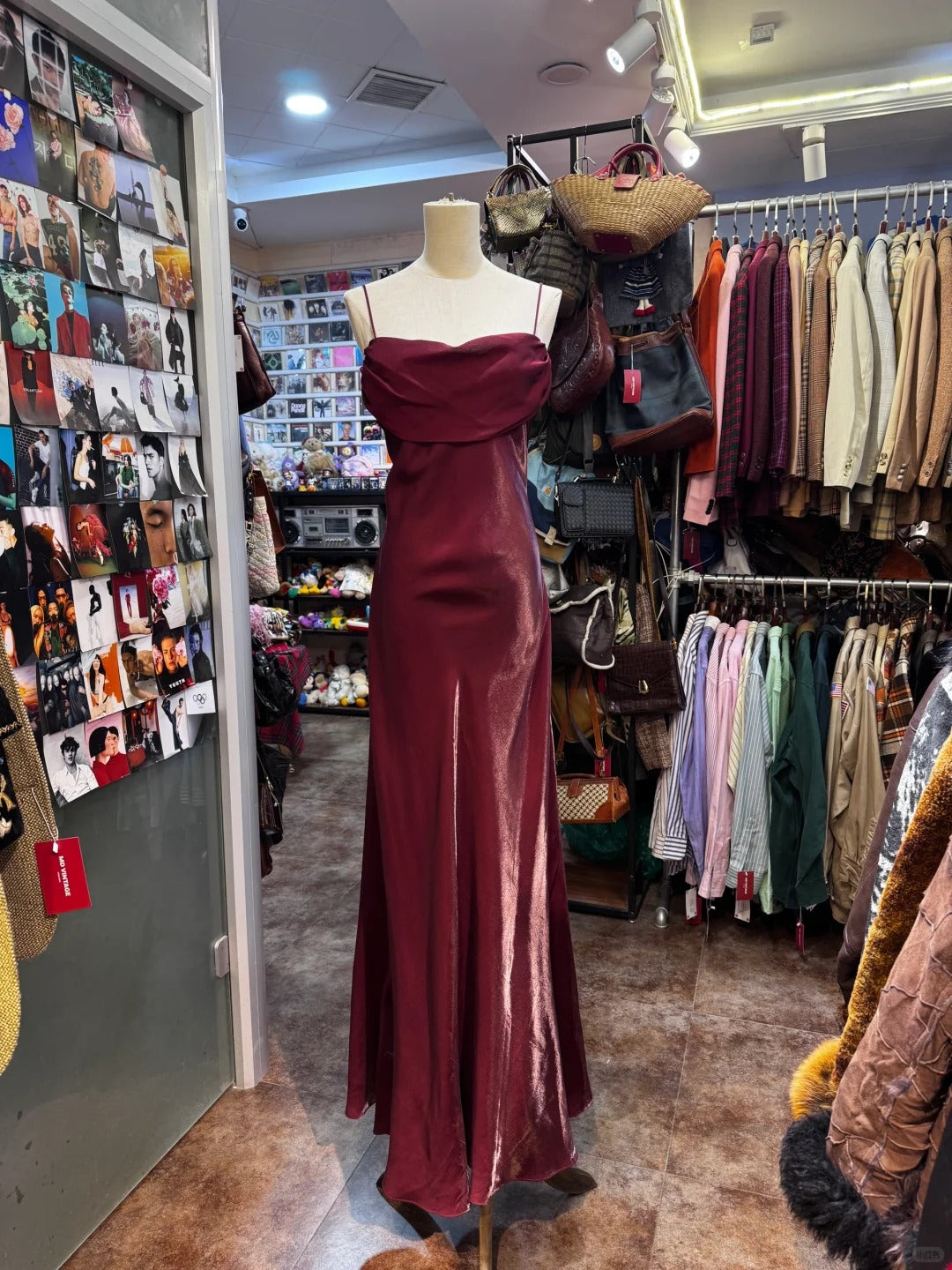 Vintage Burgundy Spaghetti Strap Halter Neck Satin Long Prom Dress Evening Dress P4137