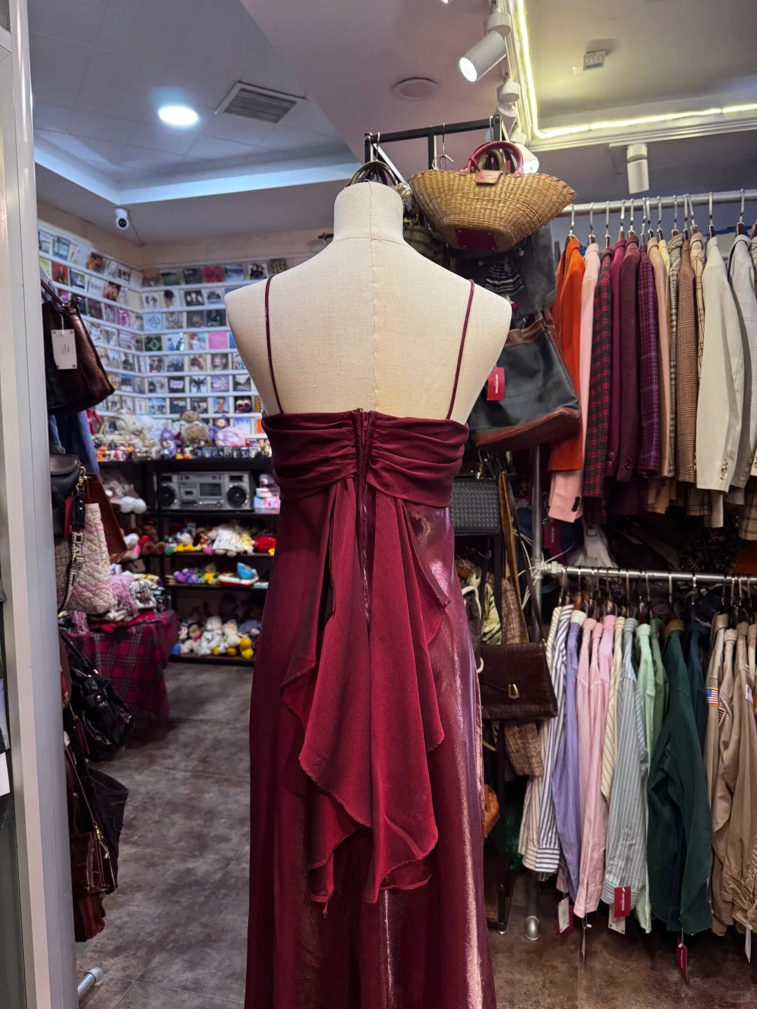 Vintage Burgundy Spaghetti Strap Halter Neck Satin Long Prom Dress Evening Dress P4137