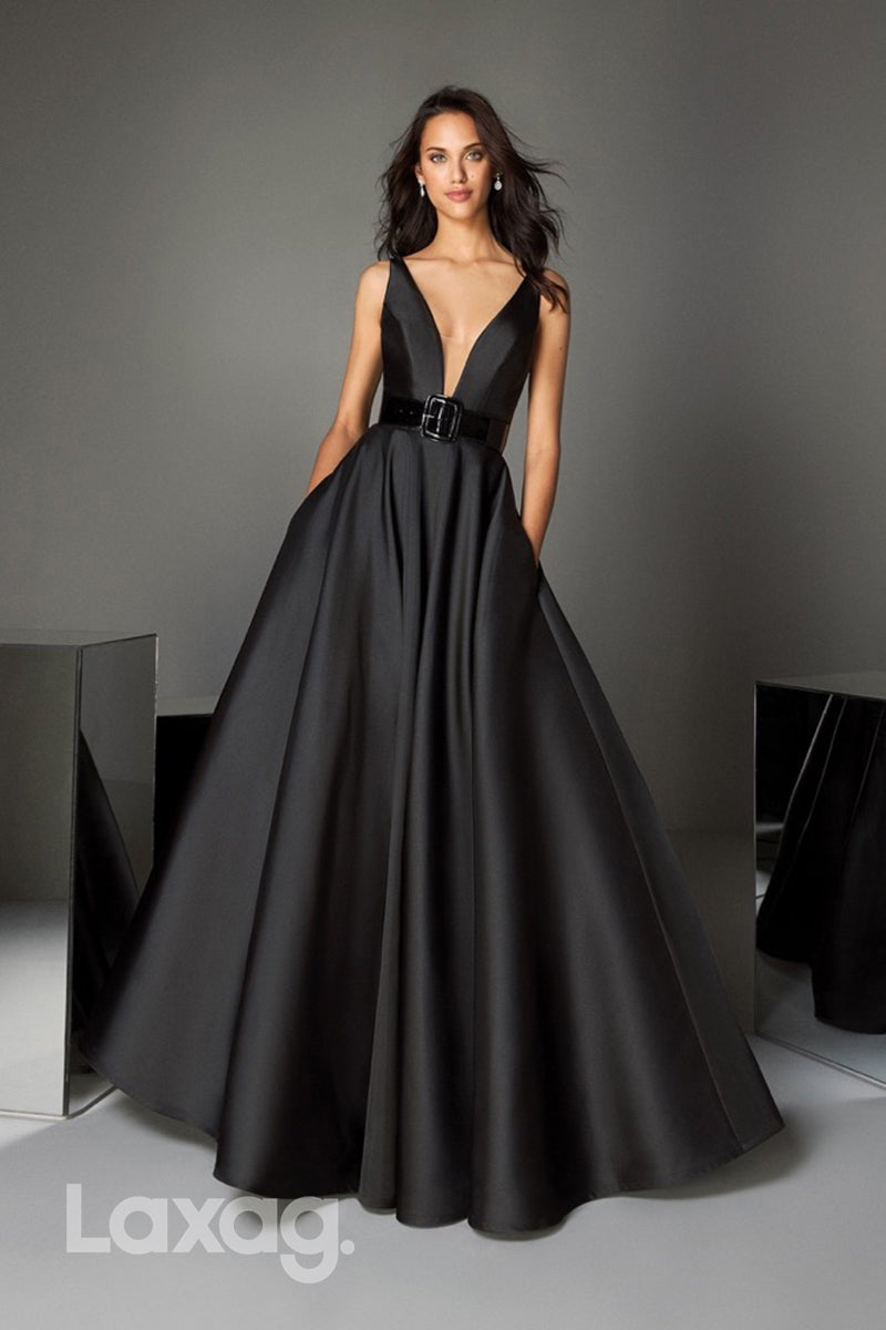 Black Low V-Neck Straps Satin Gown Evening Dress - Fashionpara