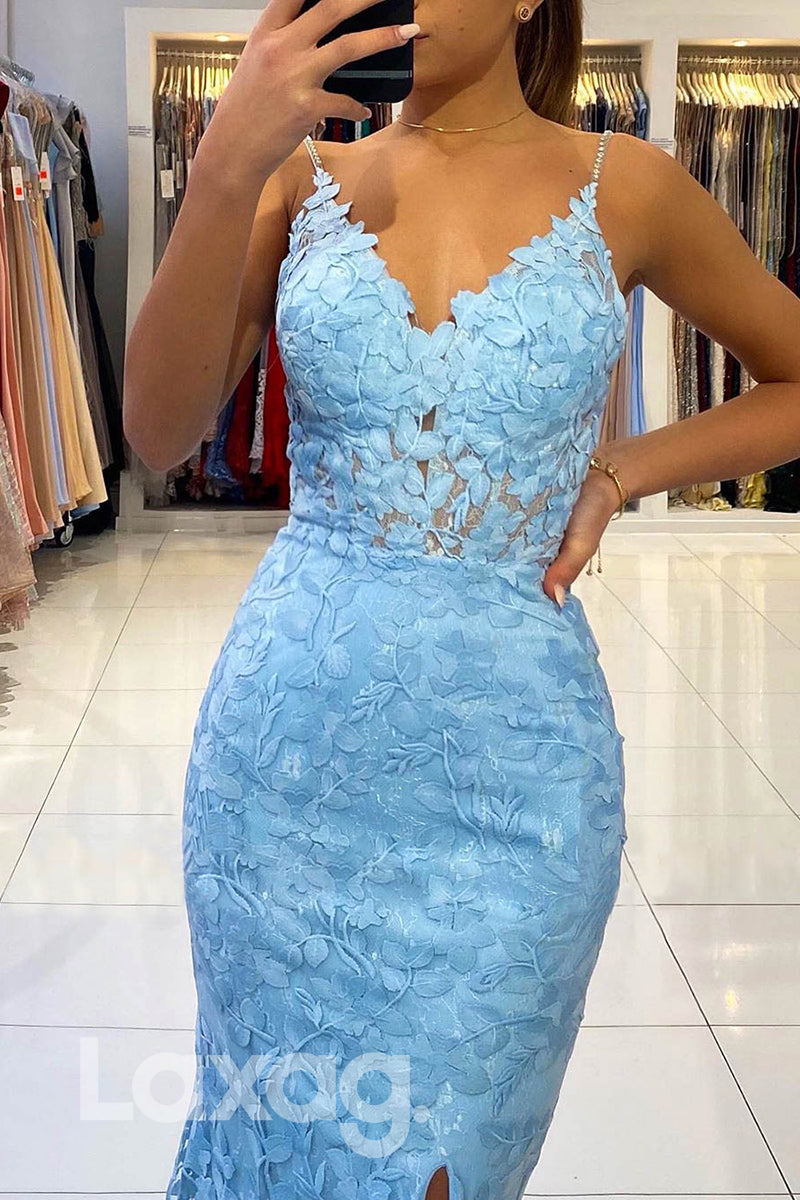 Floral Appliqued Sheer Beaded Strap Mermaid Dress - Fashionpara