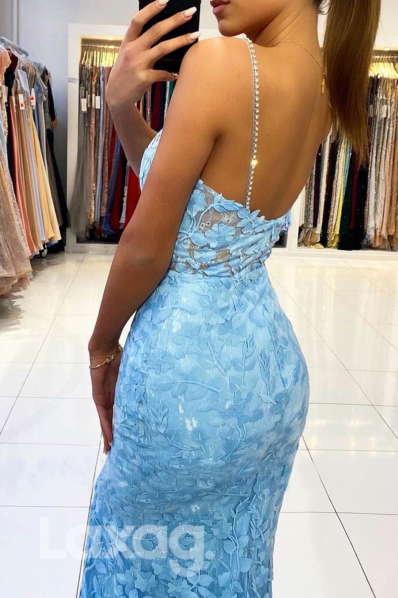 Floral Appliqued Sheer Beaded Strap Mermaid Dress - Fashionpara