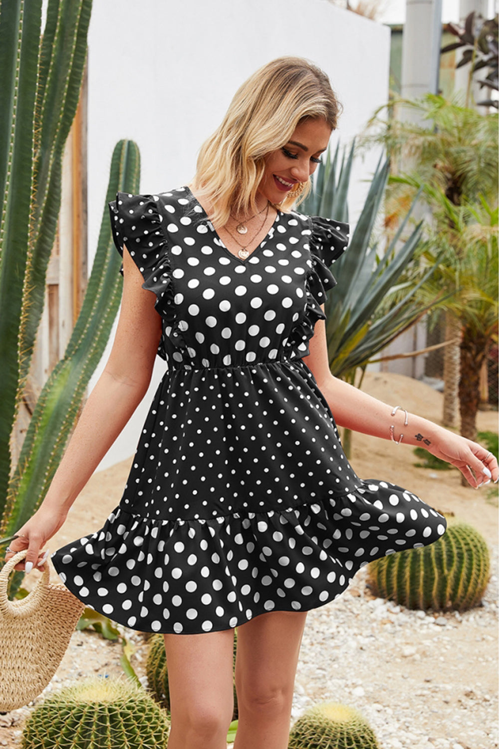 Polka Dot Stitching Ruffle Dress - Fashionpara
