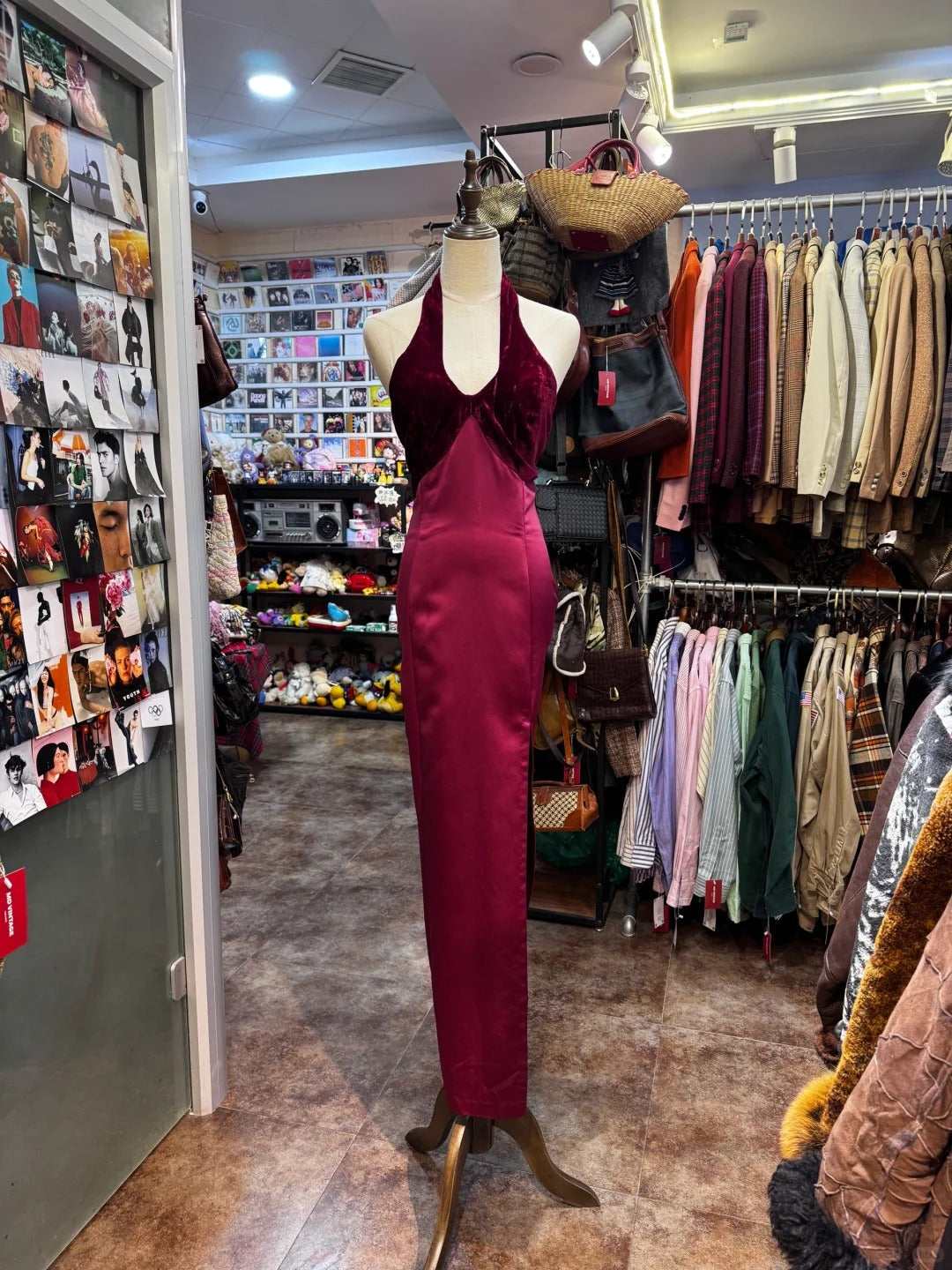 Vintage Burgundy Halter Neck Velvet Satin Long Prom Dress Evening Dress P4138