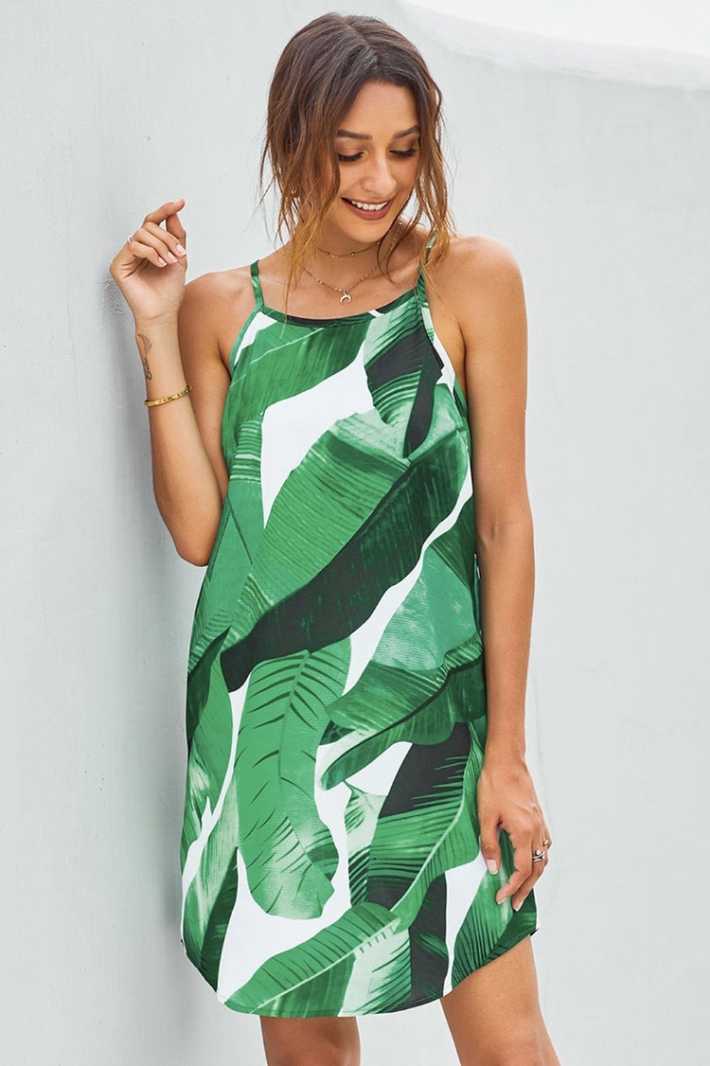 Strap Palm Leaf Print Bohemian Dress - Fashionpara
