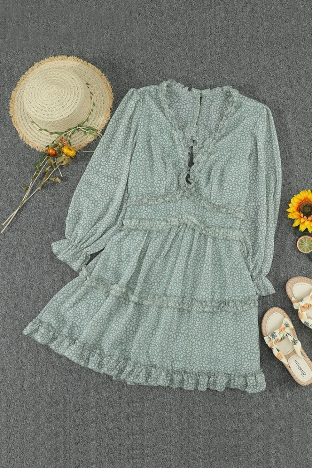 Open Back V-Neck Puff Sleeve Dress