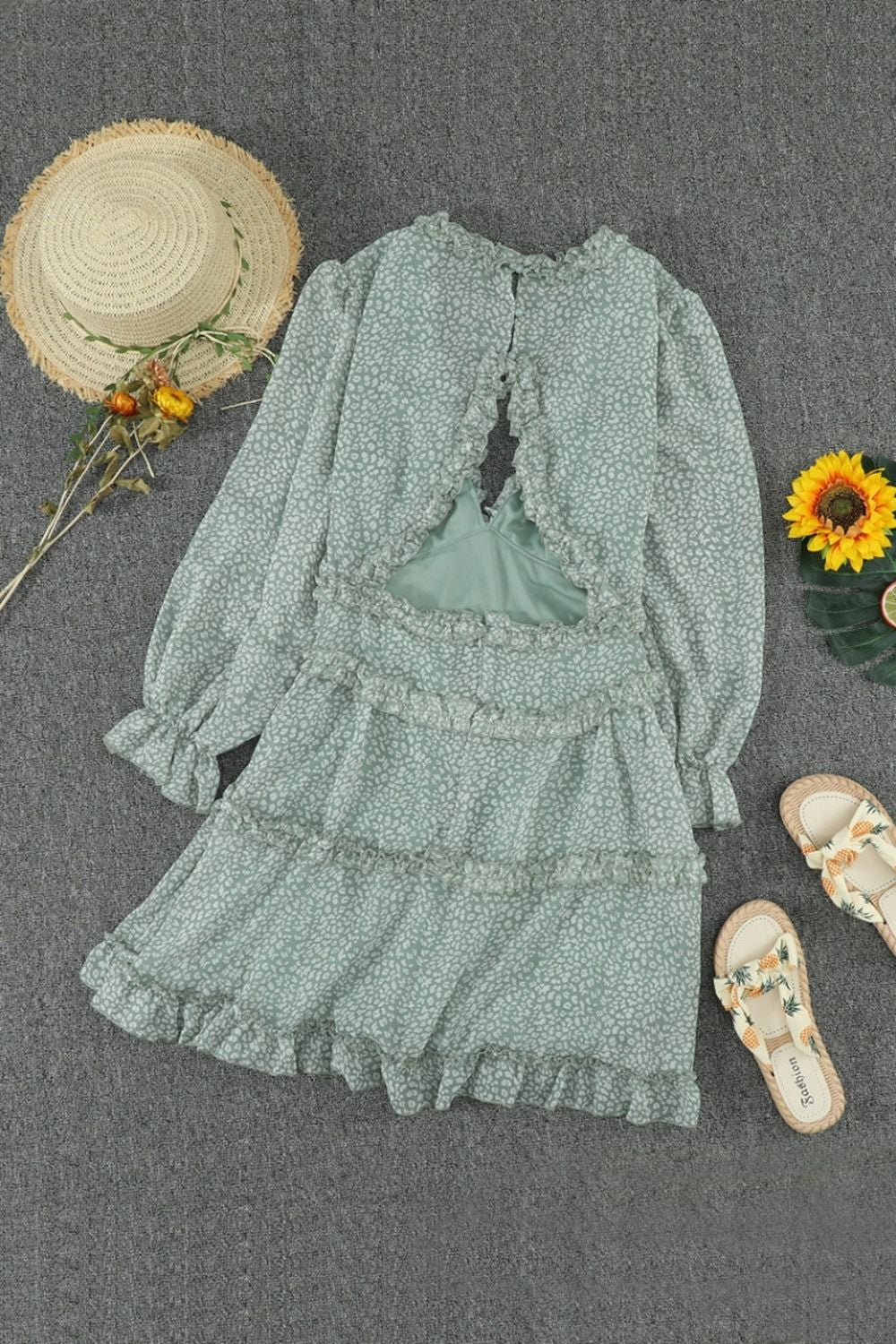 Open Back V-Neck Puff Sleeve Dress - Fashionpara