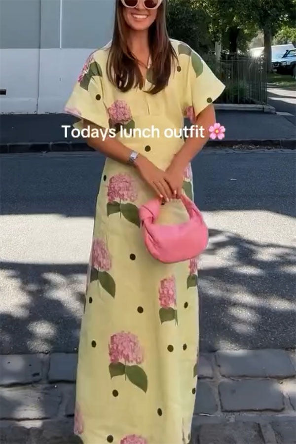 Jasmine Linen Blend Floral Polka Dot Wide Sleeve Shirt Maxi Dress - Fashionpara