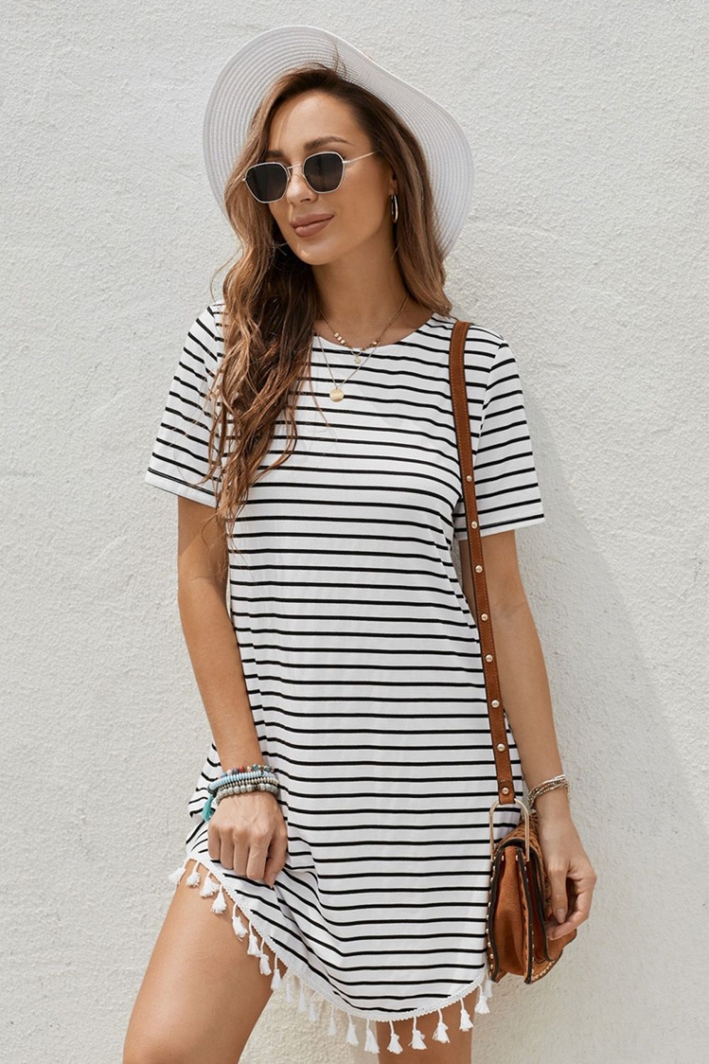 Striped Print Tassel Dress - Fashionpara