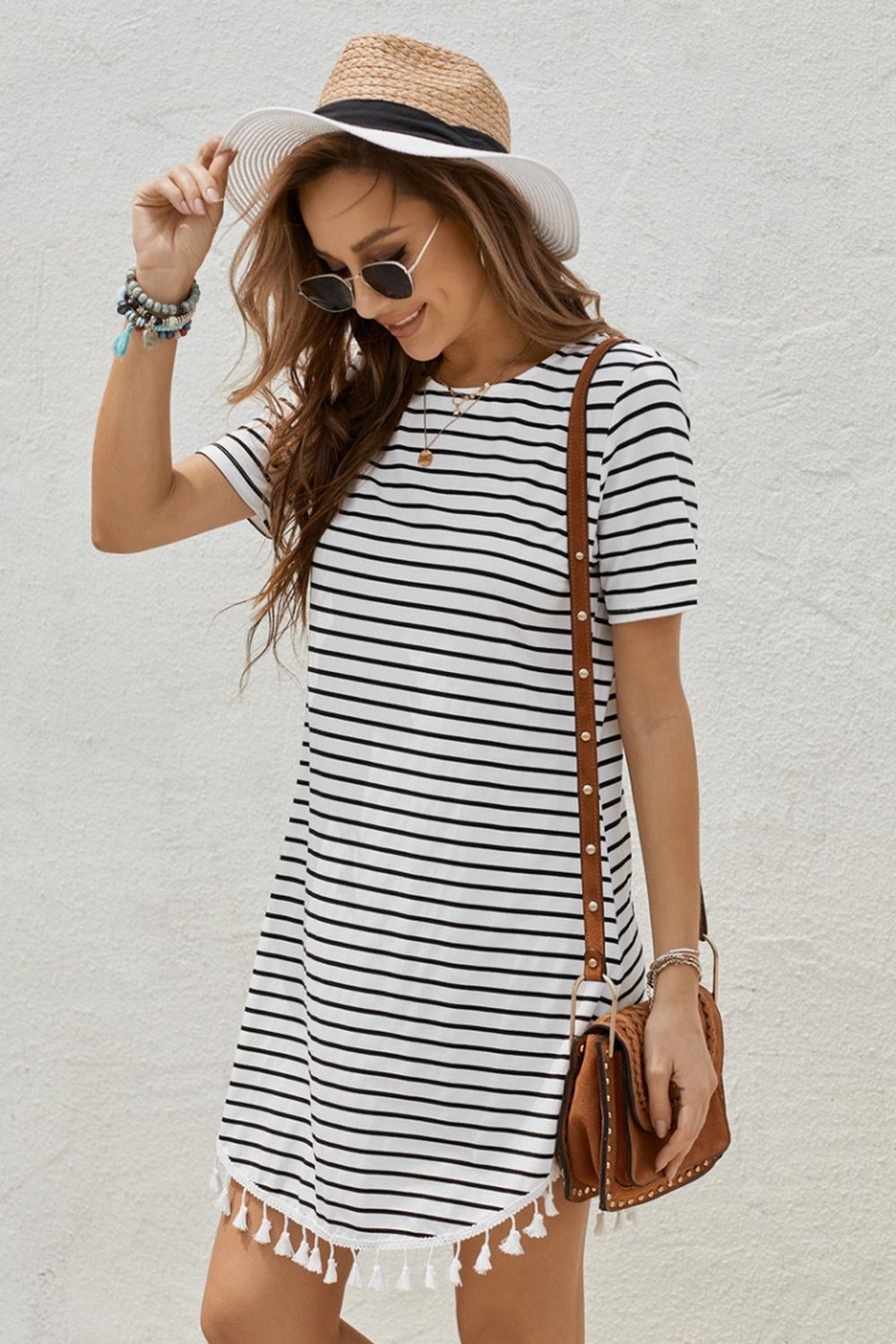 Striped Print Tassel Dress - Fashionpara