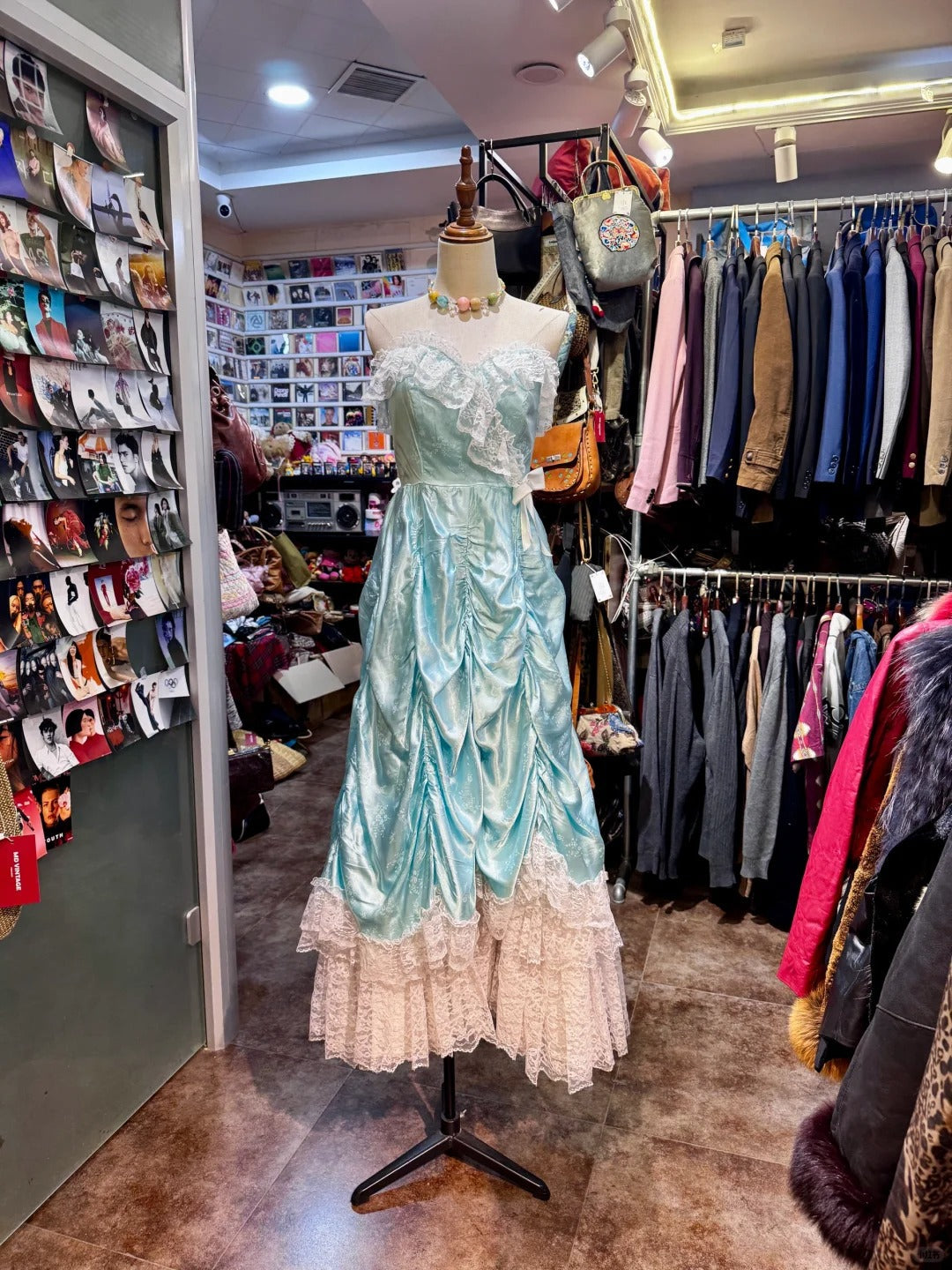 French Retro Mint Green A-line Strapless Lace Ruffle Satin Long Prom Dress Evening Dress P4139