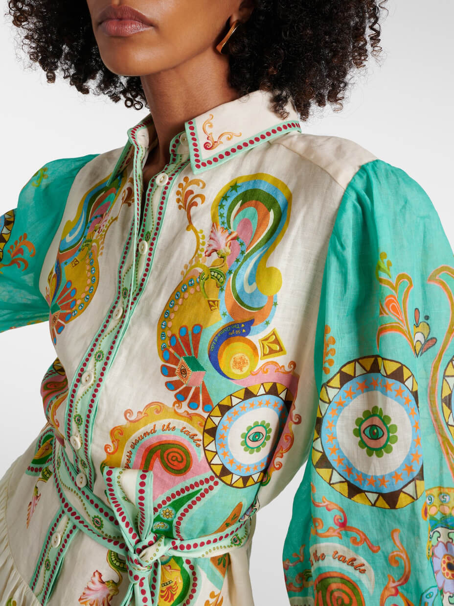 Unique Exquisite Print Puff Sleeve Tie Midi Dress - Fashionpara