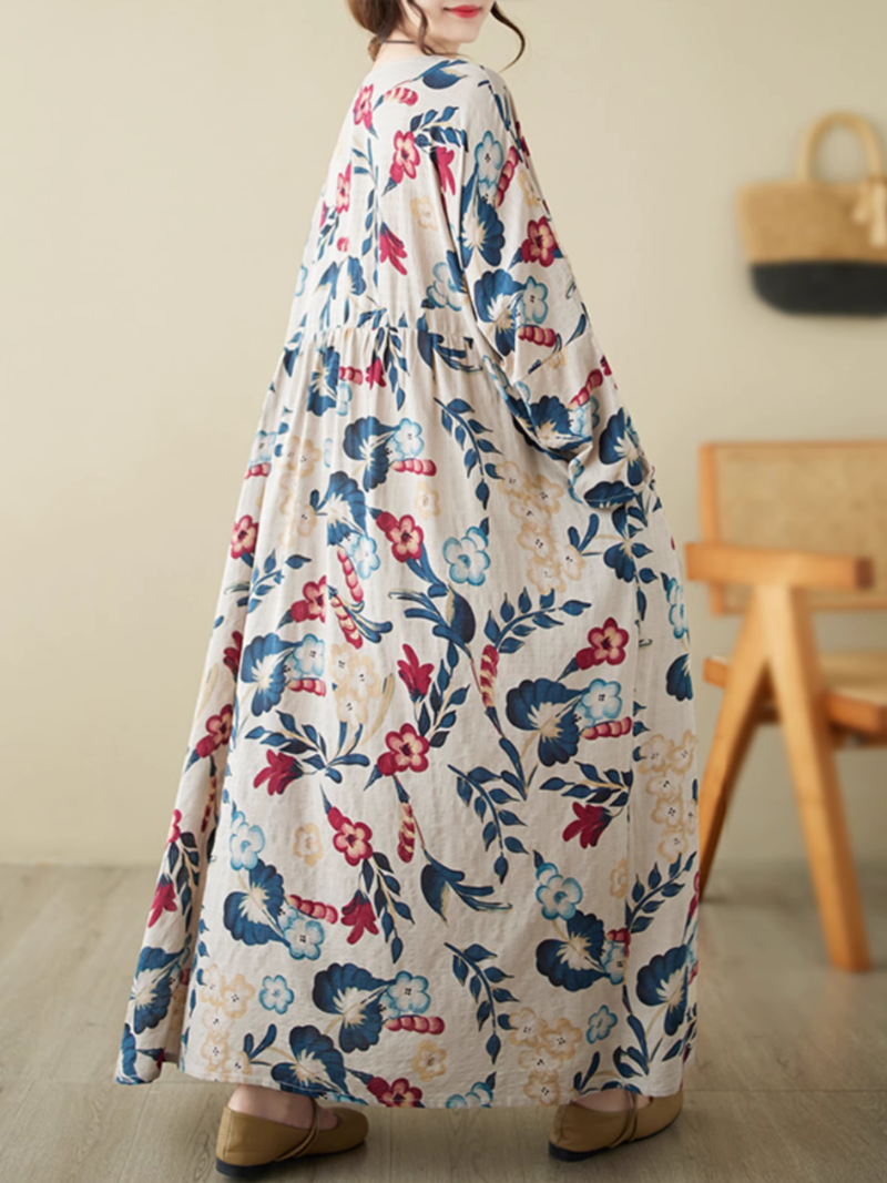 Floral Print Round Neck Long Sleeve Tiered Maxi Dress 3