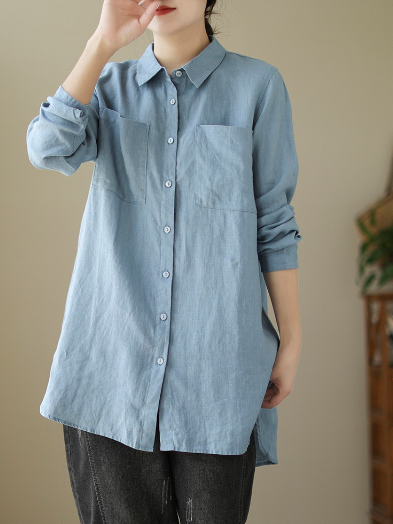 Casual Long-Sleeved Shirt Loose Mid-Length Button Shirt Top With Pocket - Fashionpara