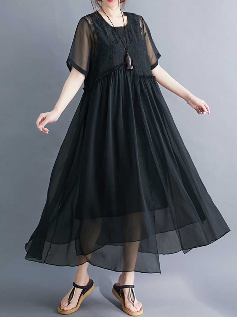 Embroidered Silk Round-Neck A-Line Dress - Fashionpara
