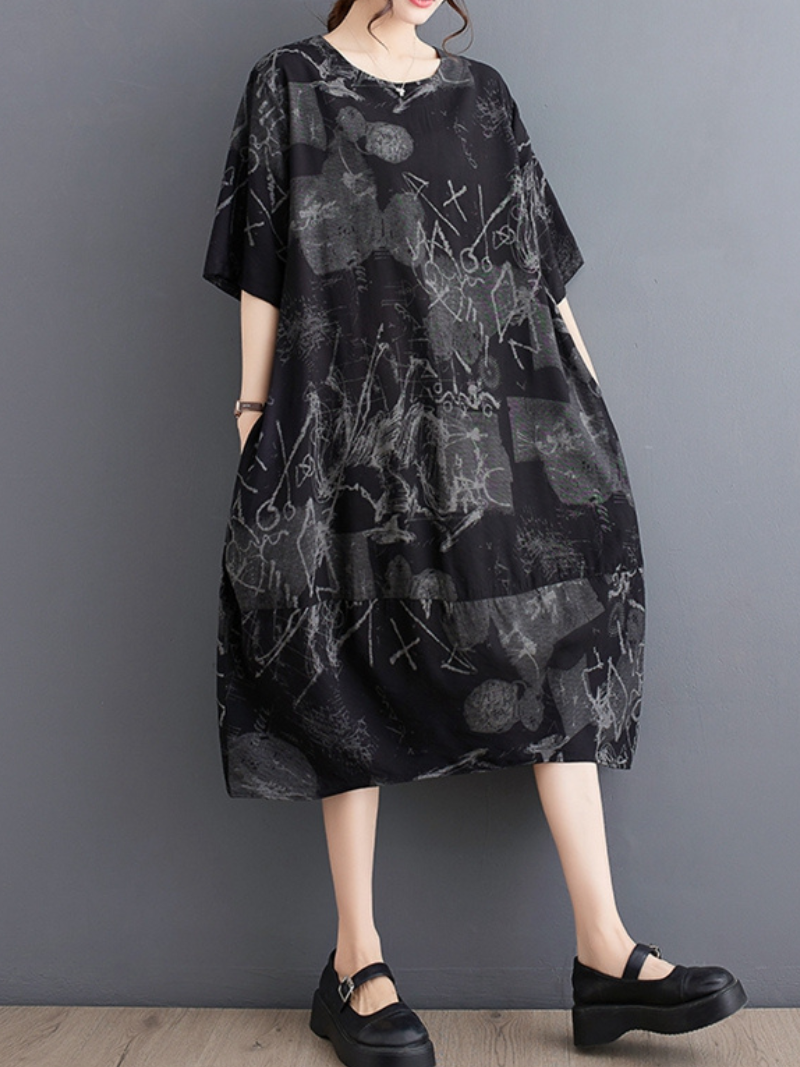 Down To Earth Round Neck Short Sleeves Midi Dress - Fashionpara