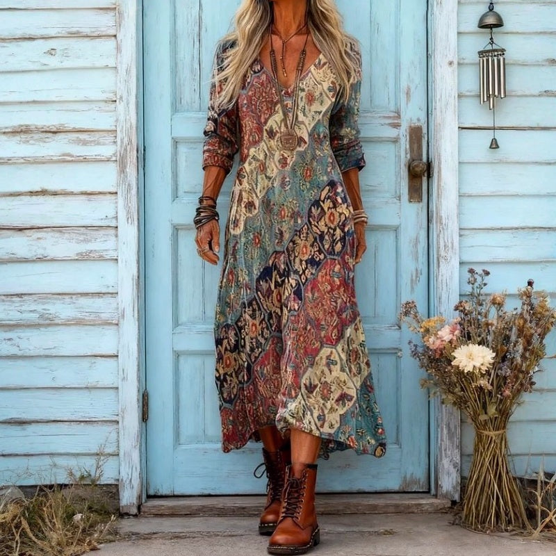 Boho Tapestry Print V-Neck Long Sleeve Maxi Dress 2
