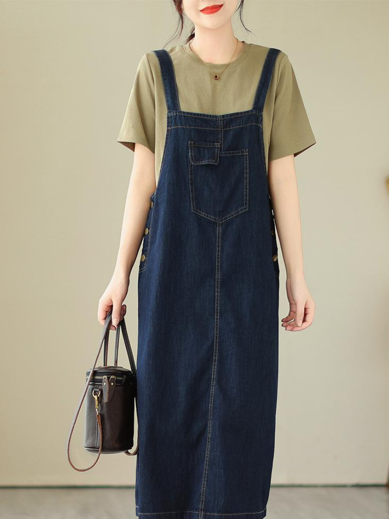 Denim Square-Neck Button-Side A-Line Pinafore Midi Dress 2
