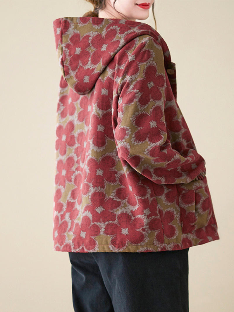 Printed Plus Fleece Velvet Thick Hooded Small Padded jacket - Fashionpara