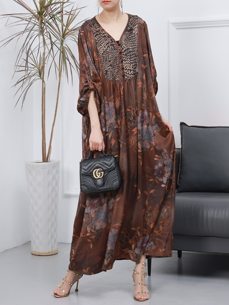 Women Retro Style Loose Printed Long Sleeves A-Line Dress - Fashionpara