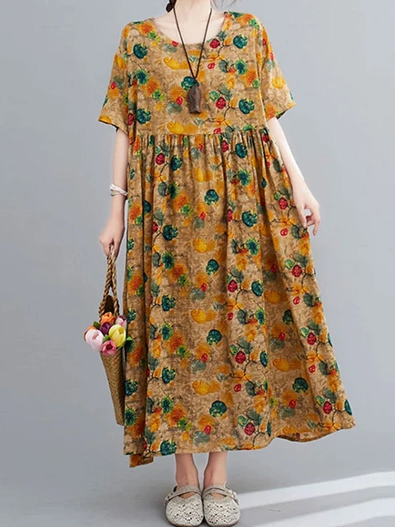 Floral Round Neck Short-Sleeve Smock Maxi Dress