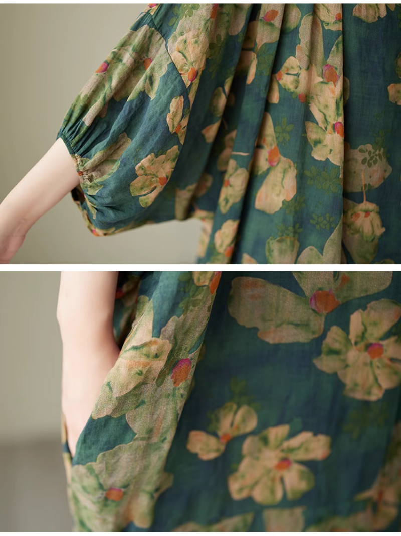 Abstract Floral Round Neck Lantern-Sleeve Loose Maxi Dress 5