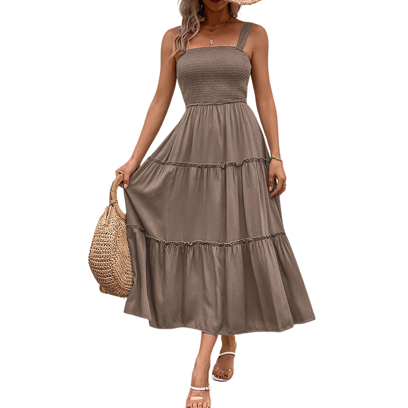 Square Neck Smocked Sleeveless Tiered Midi Dress 13