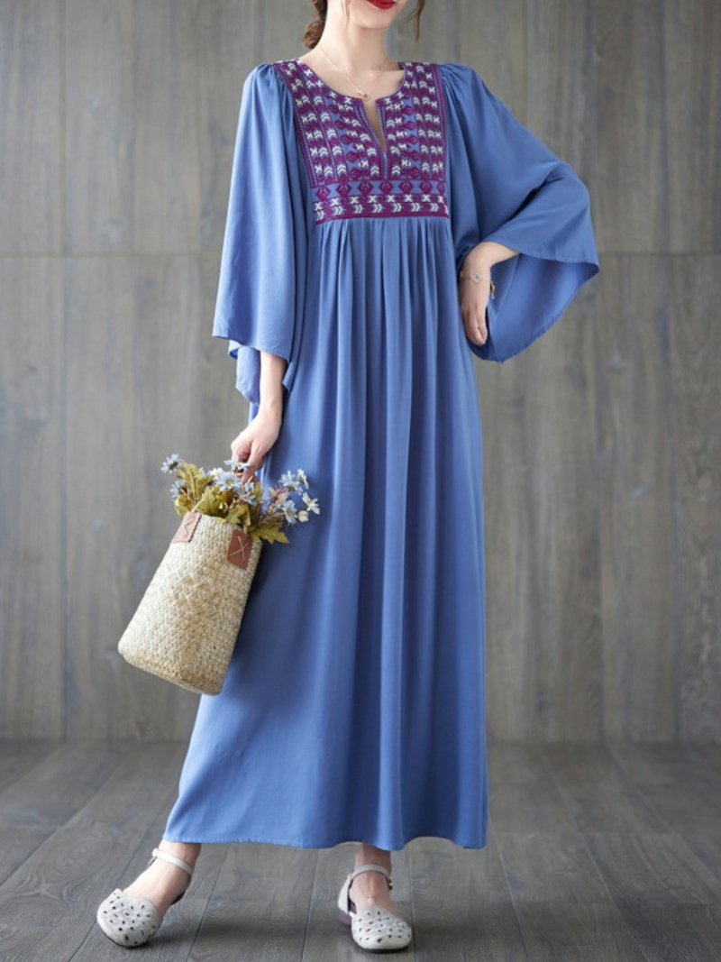Embroidered Yoke Split-Neck Flared Sleeve Pleated Maxi Dress 3