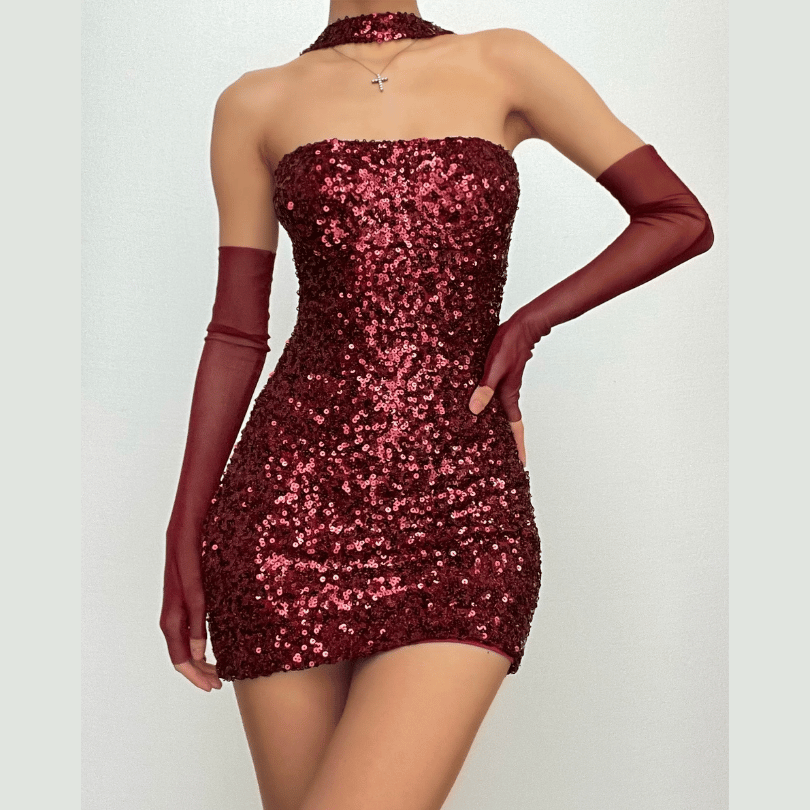 Sequin Mesh Glove Halter Neck Bodycon Mini Dress
