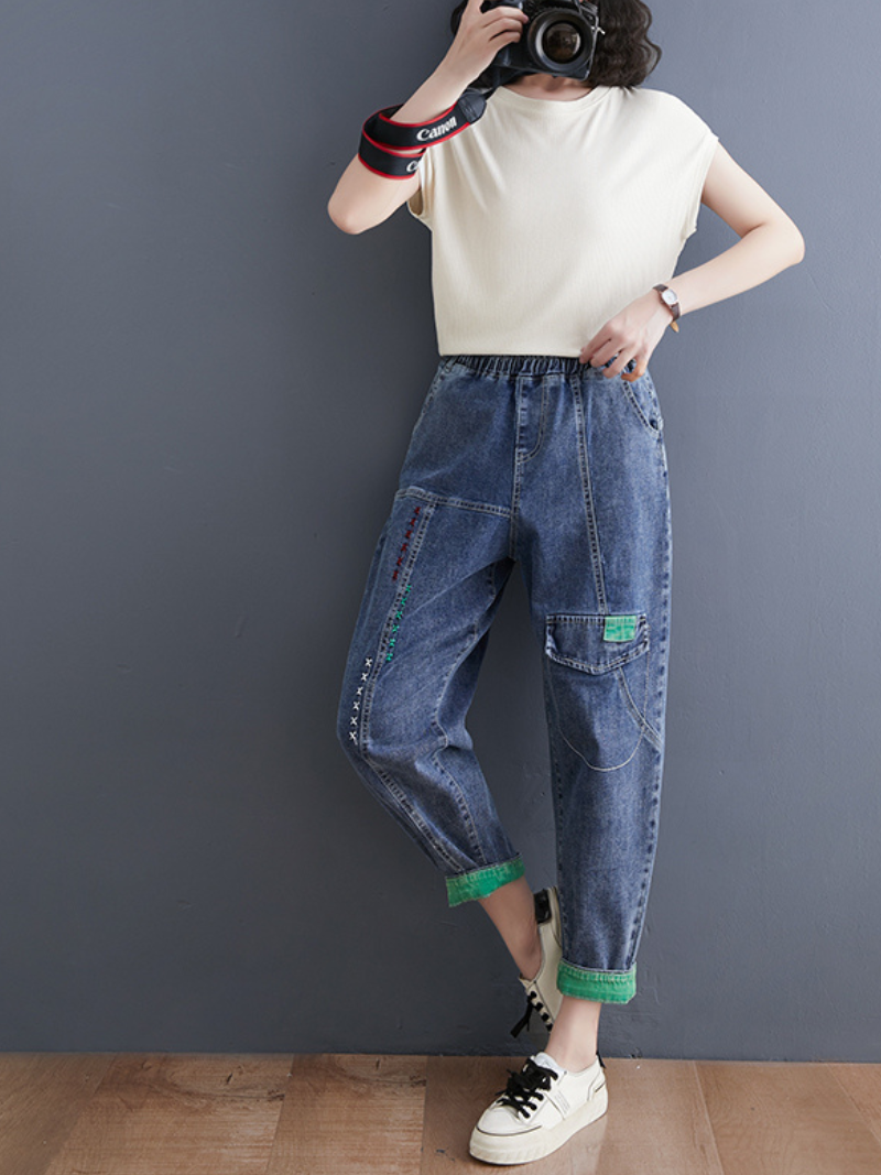 Denim Casual Western Style Loose Large High Waist Denim Pants - Fashionpara