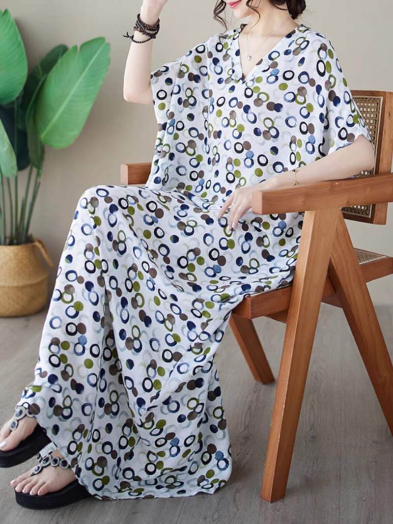 Spot-Print V-Neck Batwing-Sleeve Kaftan Maxi Dress 2