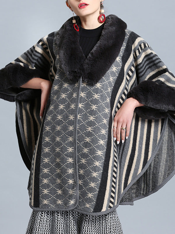 Stripe Bordeus Fluffy Neck Plus Size Cape Cardigan 7
