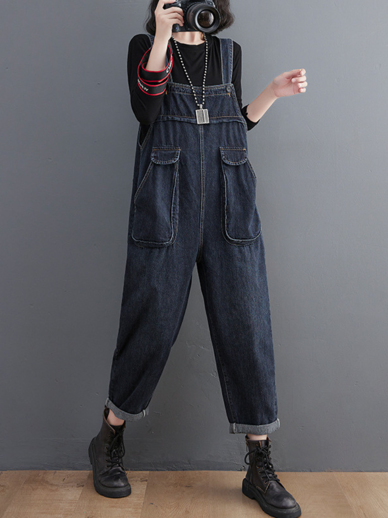 Literary Retro Large Size Loose Black Denim Overalls - Fashionpara