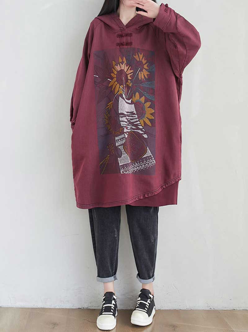 City Of Stars Floral Print Hooded Sweater Midi Dress - Fashionpara