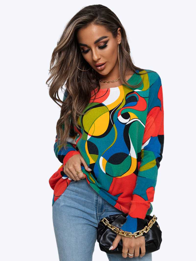 Autumn Large Size Printed Knitted Loose Pullover Round Neck Mid-Length Top 3