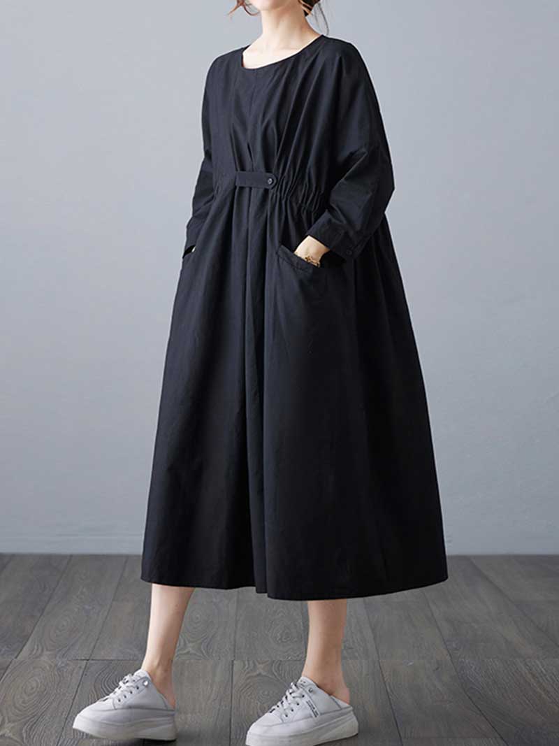 Round Neck Batwing Tab-Waist Pocket Cocoon Midi Dress 12