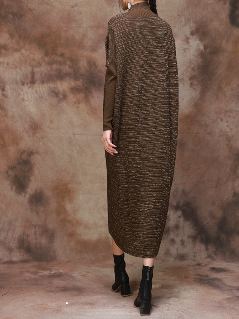 Plus Size Knitted Loose Bat Sleeve Stripe Midi Dress for Women - Fashionpara