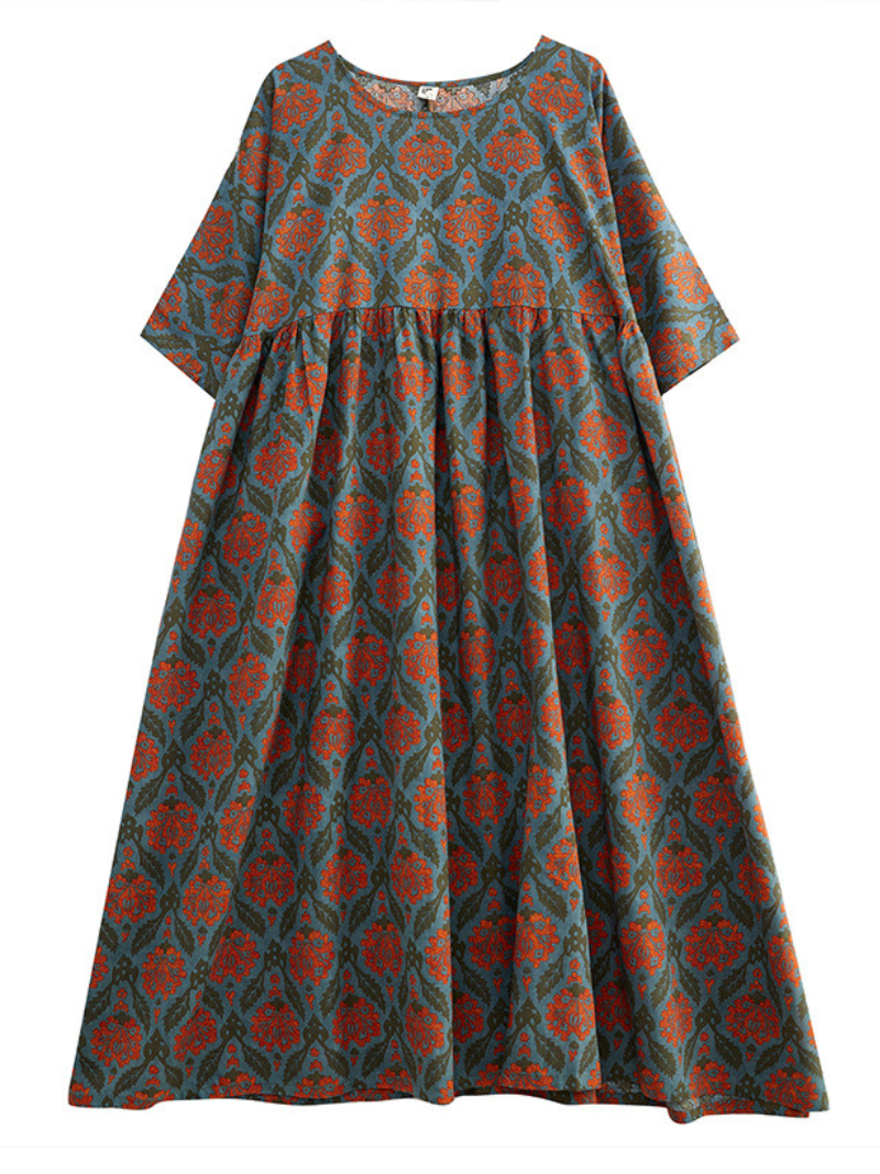 Damask Floral Round Neck Short Sleeve Smock Maxi Dress 4