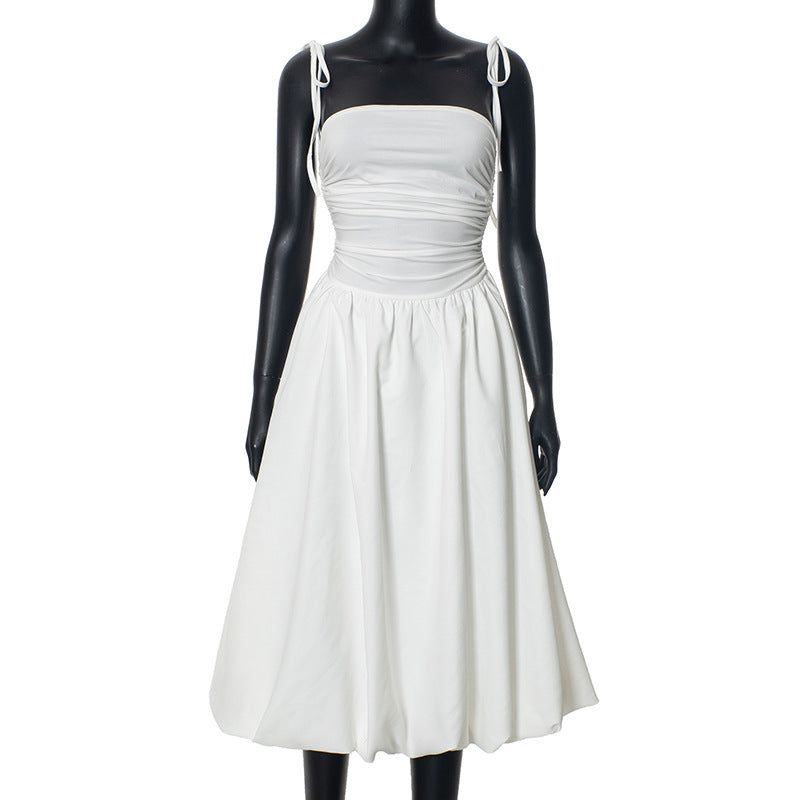Tie-Strap Ruched Drop-Waist Bubble-Hem Midi Dress 11
