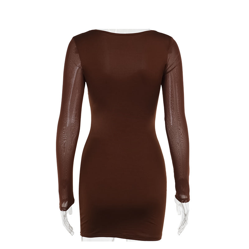 Mesh Long Sleeve Lace Trim Bustier Bodycon Mini Dress 13
