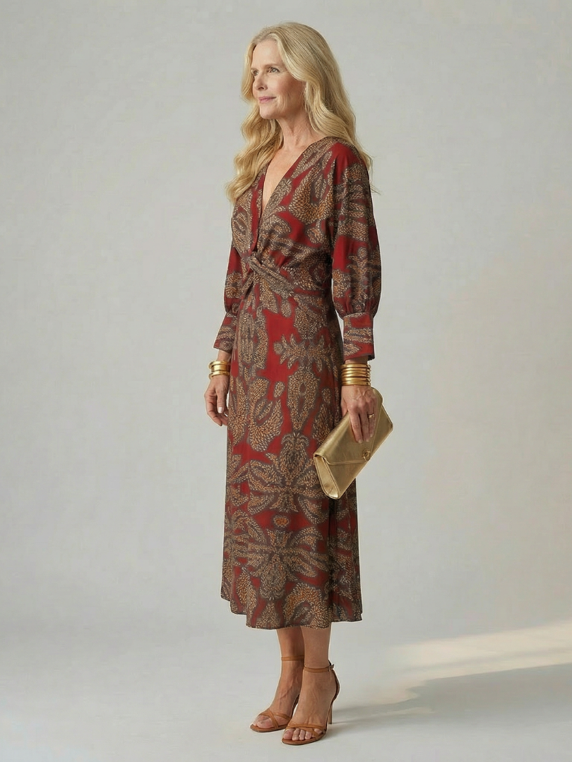 V-Neck Twist Front Long Sleeve Midi Dress 10