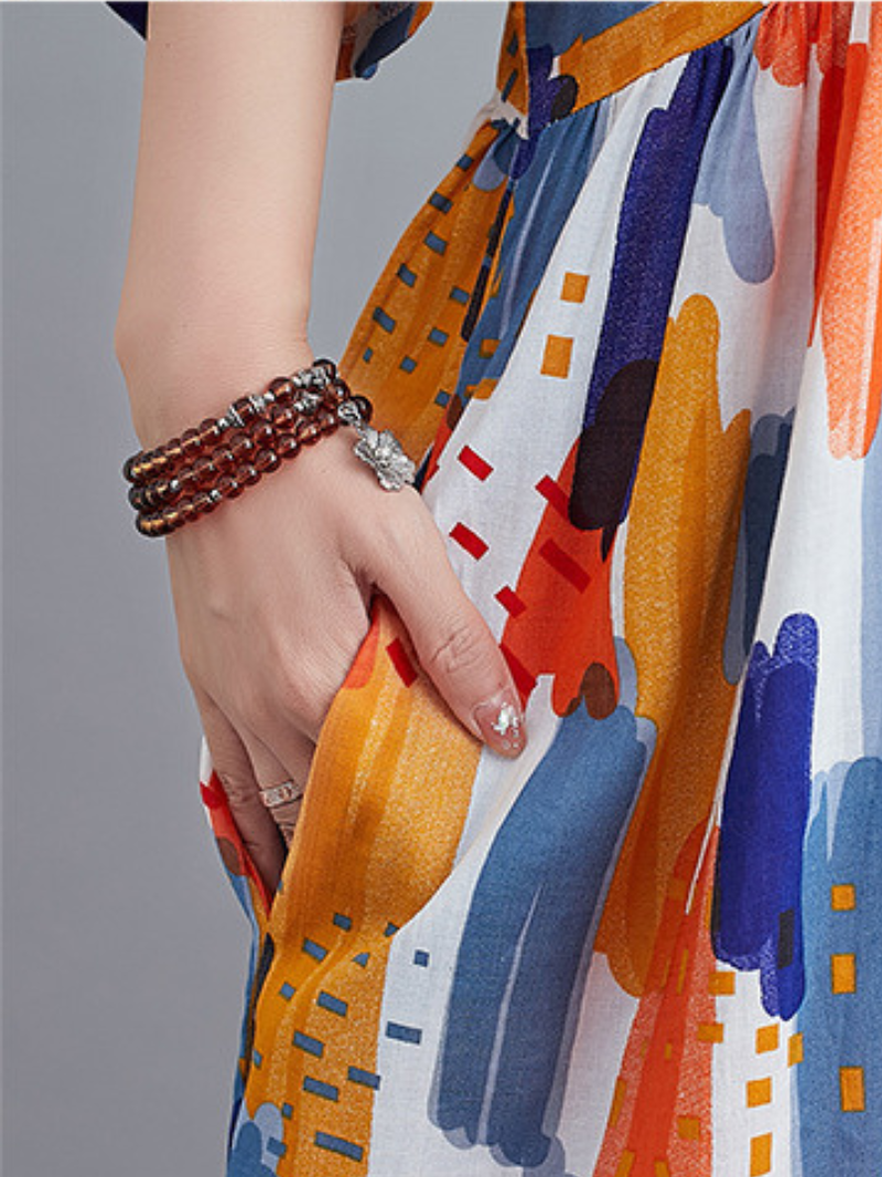 Abstract Print Round Neck Short Sleeve Smock Maxi Dress 6