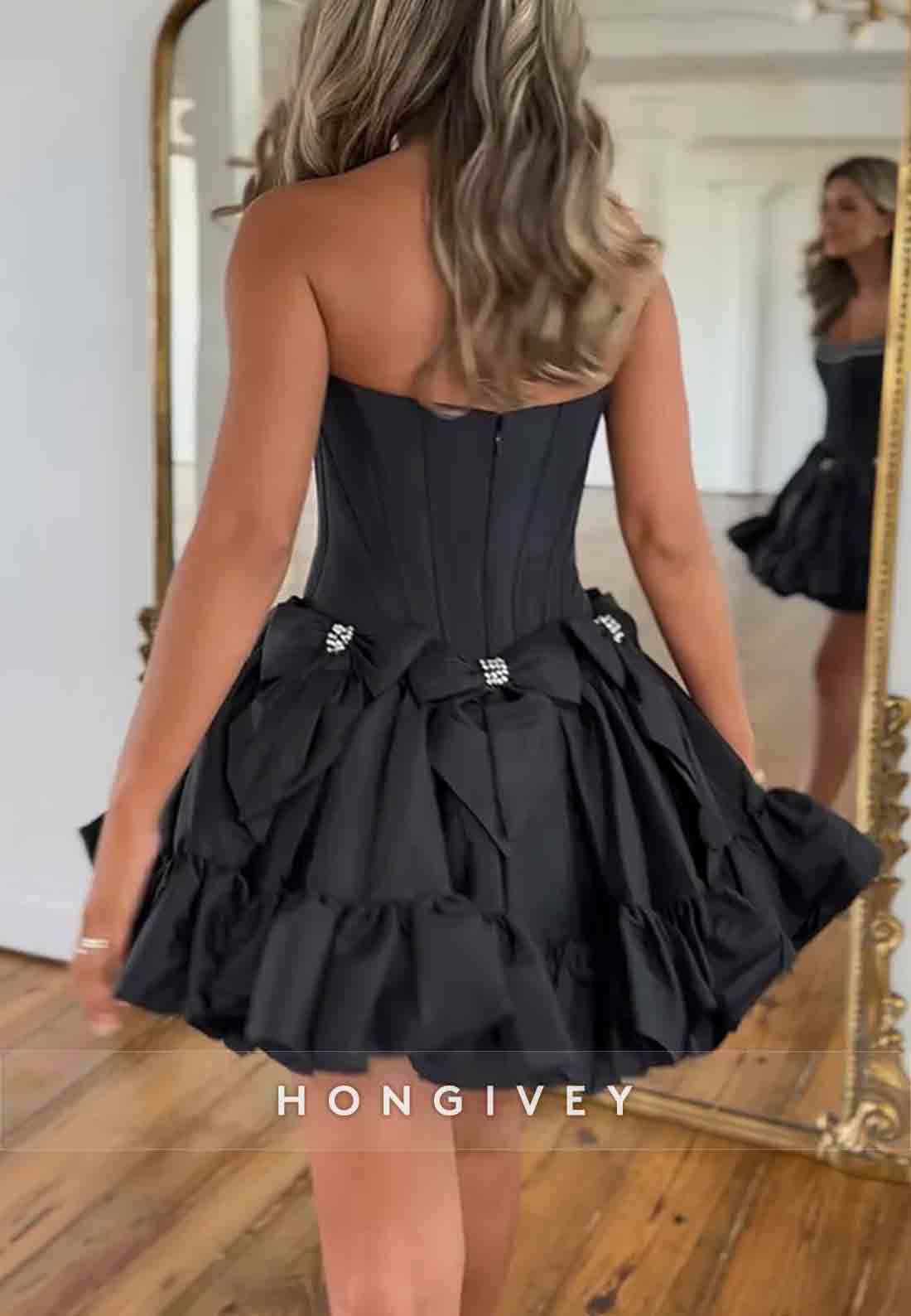 Bowknot Ruched Strapless Satin Pleated Ball Gown Short Homecoming Dresses