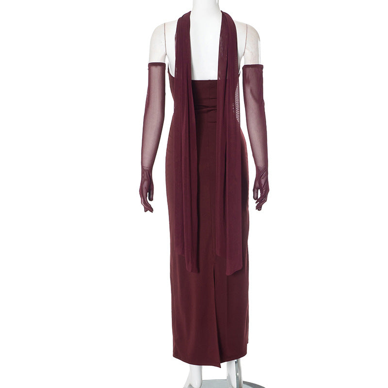 Hudson Maxi Dress With Stole And Gloves - Maroon