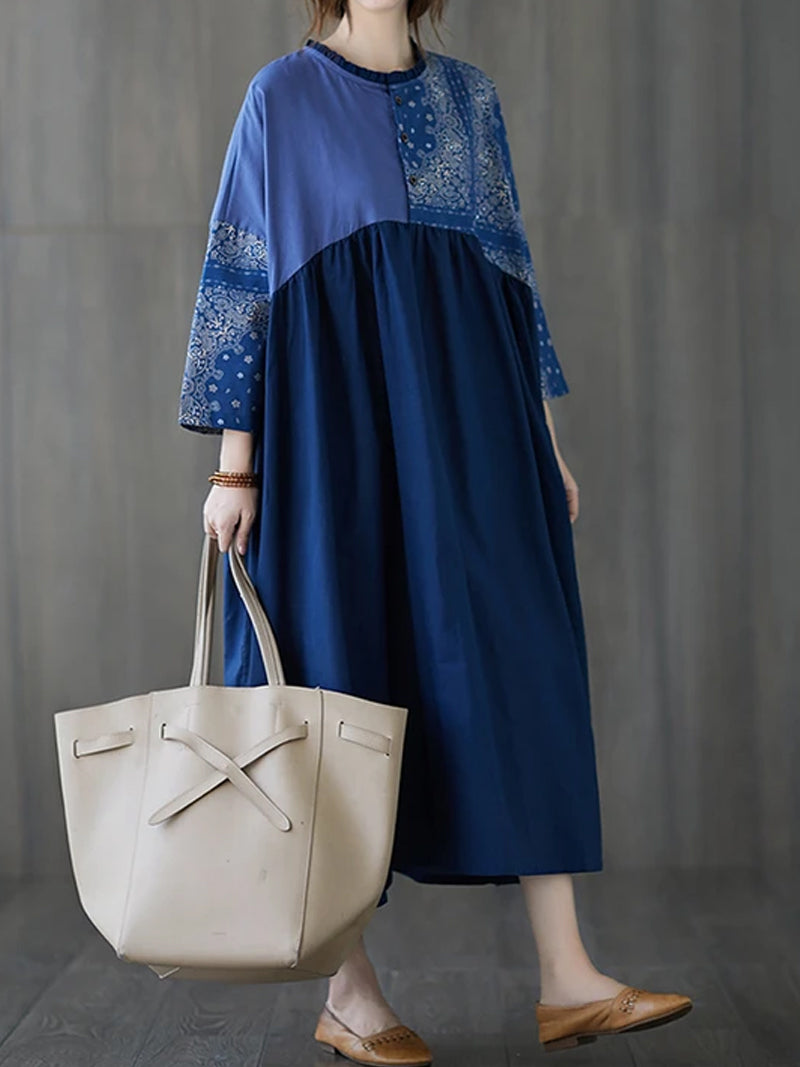 Paisley Patchwork Stand Collar Pleated Smock Midi Dress 4