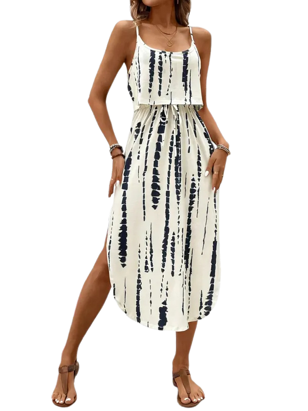Scoop Neck Layered Split Print Cami Midi Dress