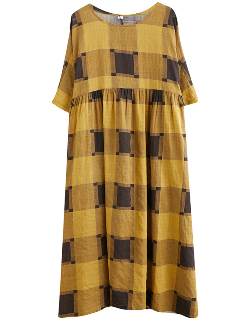 Plaid Round Neck Short Sleeve Oversized Smock Maxi Dress - View 3